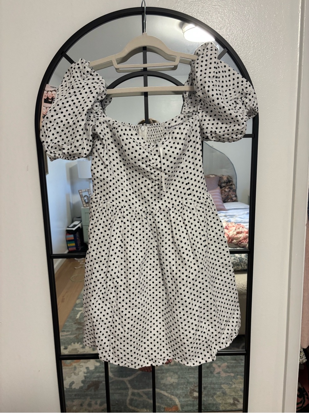 ALTERED Reformation White with Black Polka Dots Puff Sleeve Mini Dress